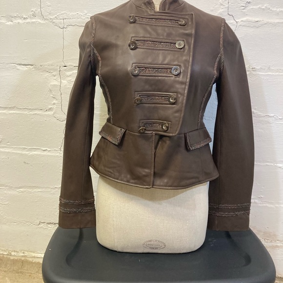 BCBGMAXAZRIA Women’s Brown Leather Crop Military Jacket with Plaid Detailing. - Picture 2 of 11